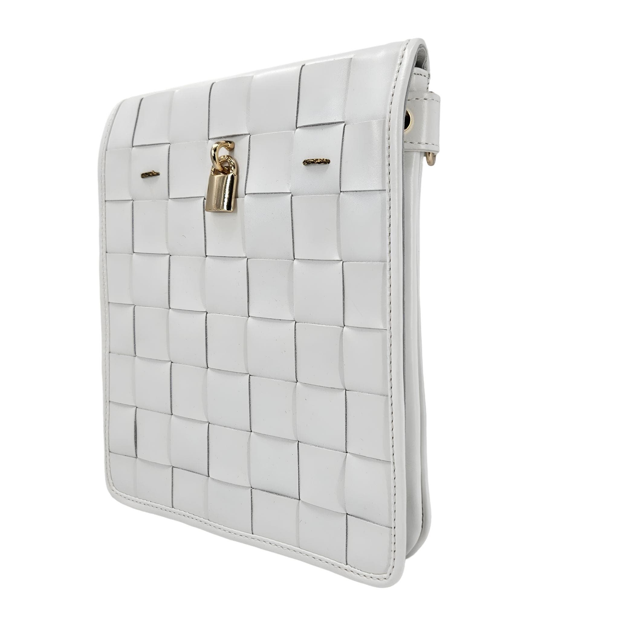 Woven Leather Lock Crossbody Bag, Alternate, color, White