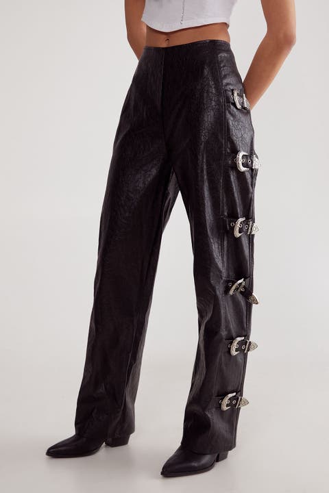 Faux Leather Buckle Detail Pants