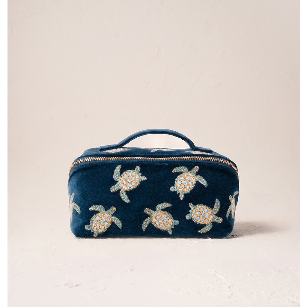 Elizabeth Scarlett Turtle Conservation Velvet Open Flat Makeup Bag In Blue