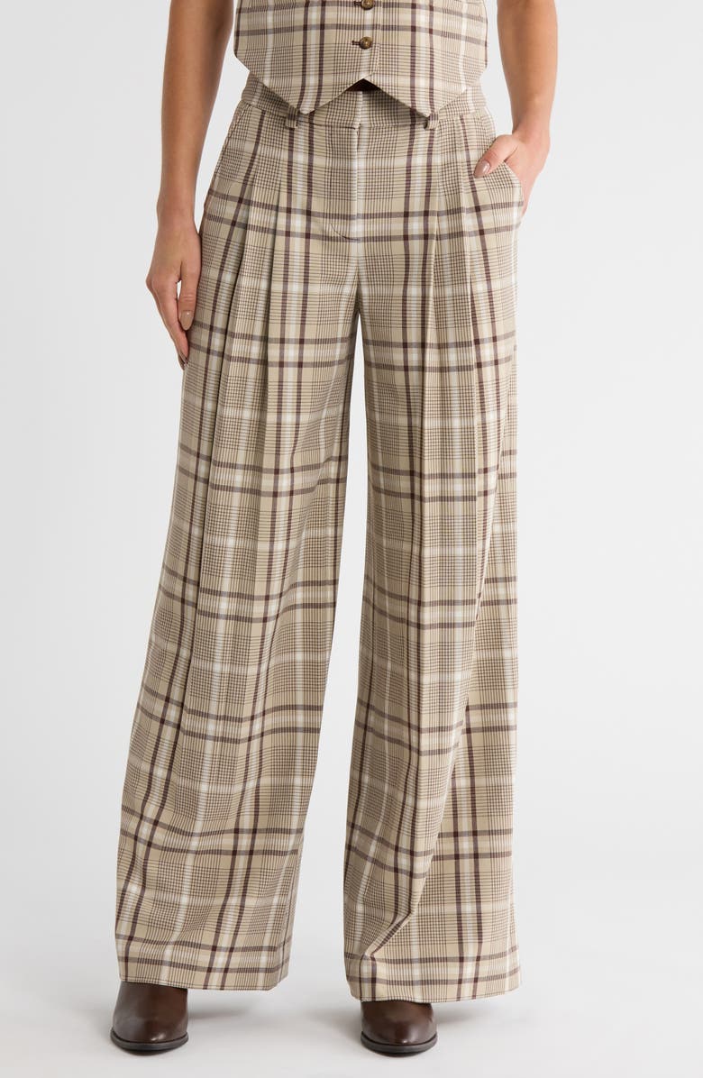 Simkhai Leroy Plaid Pleated Wide Leg Pants, Main, color, Sand Plaid