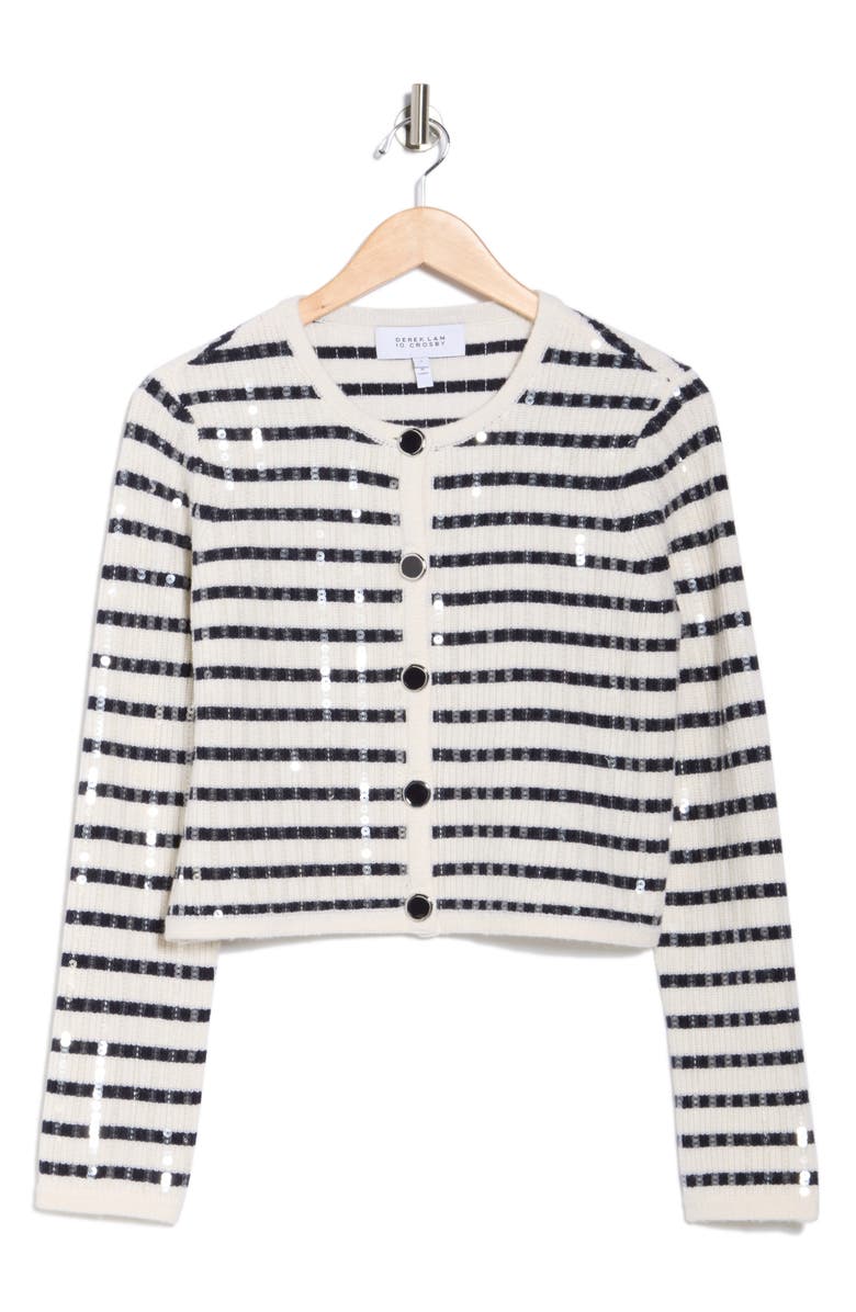 Derek Lam 10 Crosby Nebula Stripe Sequin Cardigan, Alternate, color, Blanc De Blanc/ Lake Blue