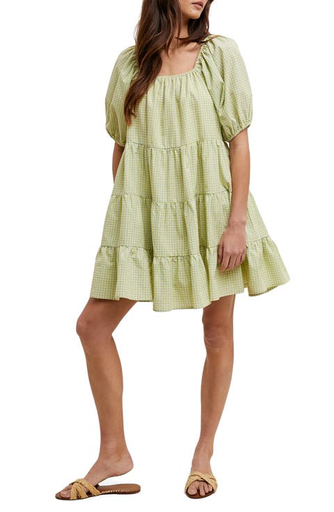 Plaid Puff Sleeve Cotton Blend Tiered Minidress