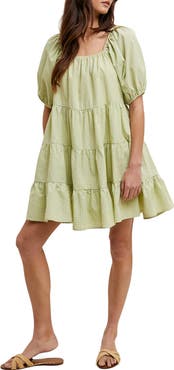 WISHLIST Plaid Puff Sleeve Cotton Blend Tiered Minidress