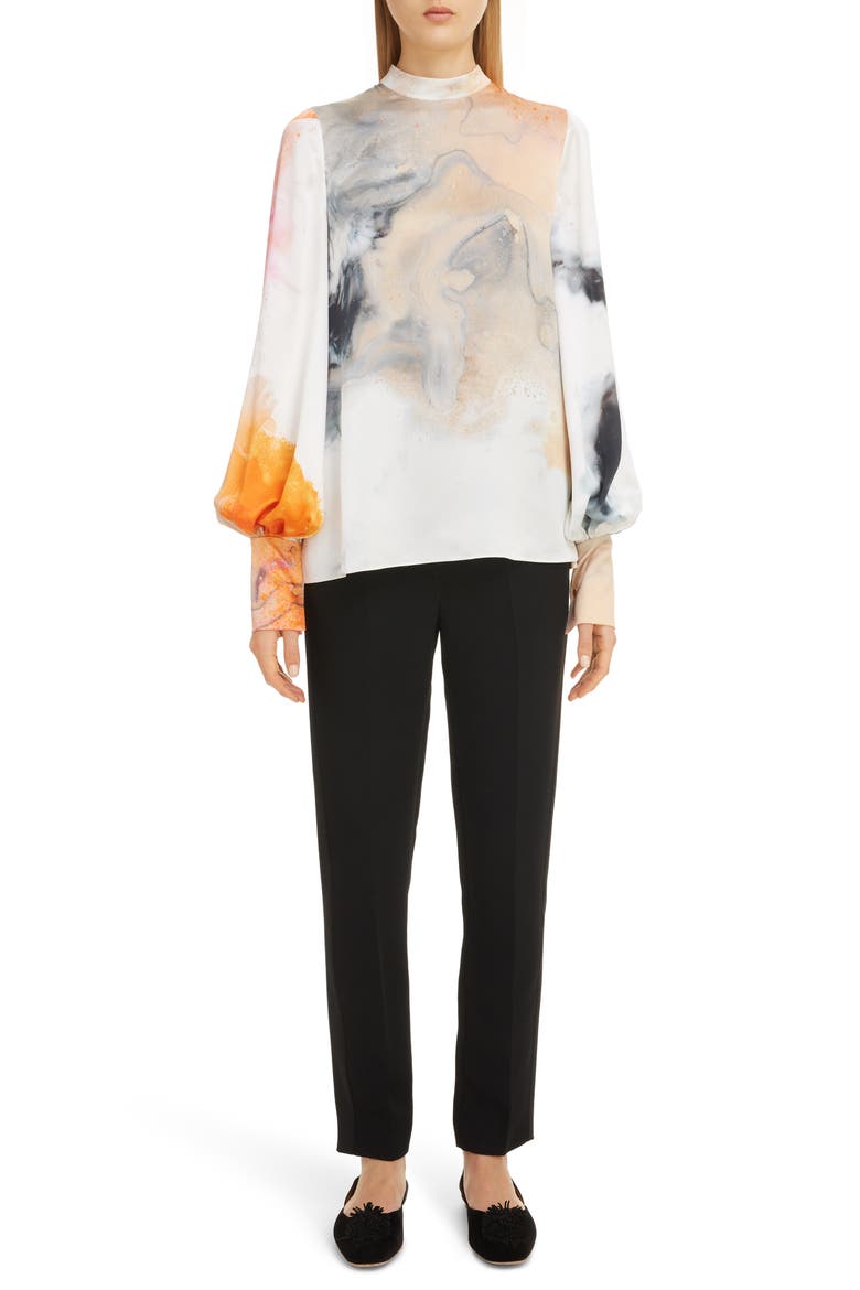 Print Bishop Sleeve Silk Blouse, Alternate, color, ORANGE EXPLOSION PRINT