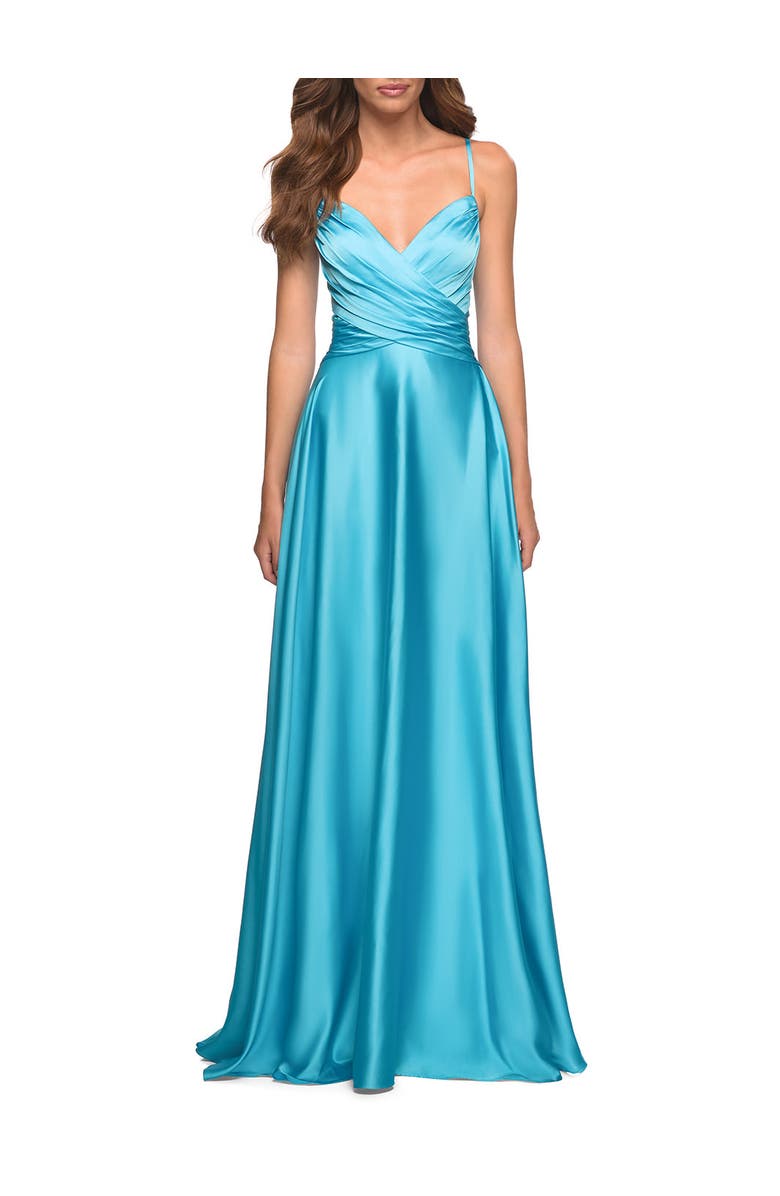 La Femme Bright Satin Gown with Criss-Cross Ruched Top, Main, color, Cloud Blue