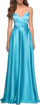 La Femme Bright Satin Gown with Criss-Cross Ruched Top
