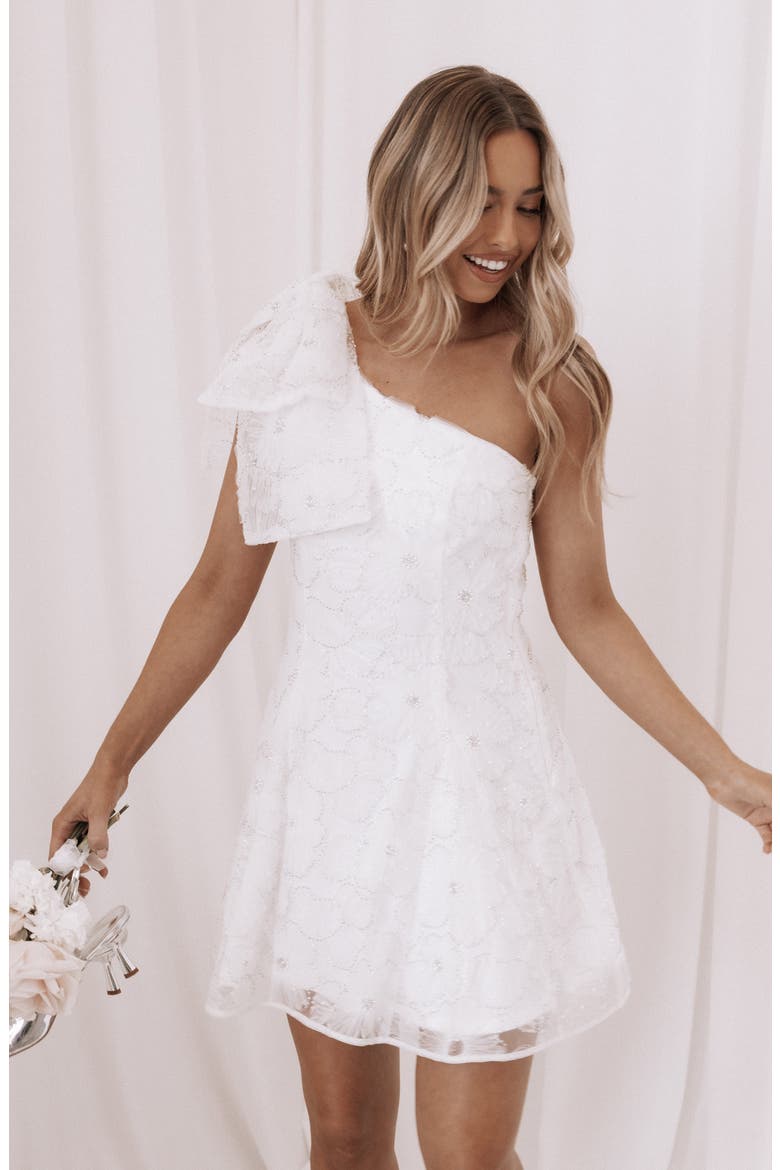 Ashly Beaded Floral One-Shoulder Cocktail Minidress, Alternate, color, WHITE