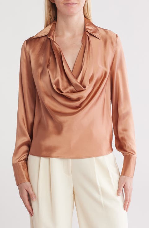 Lotus Cowl Neck Long Sleeve Silk Top