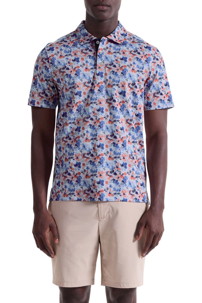 Hendrix Digital Watercolor Floral Print Pima Cotton Polo, Main, color, BLUE/ CORAL