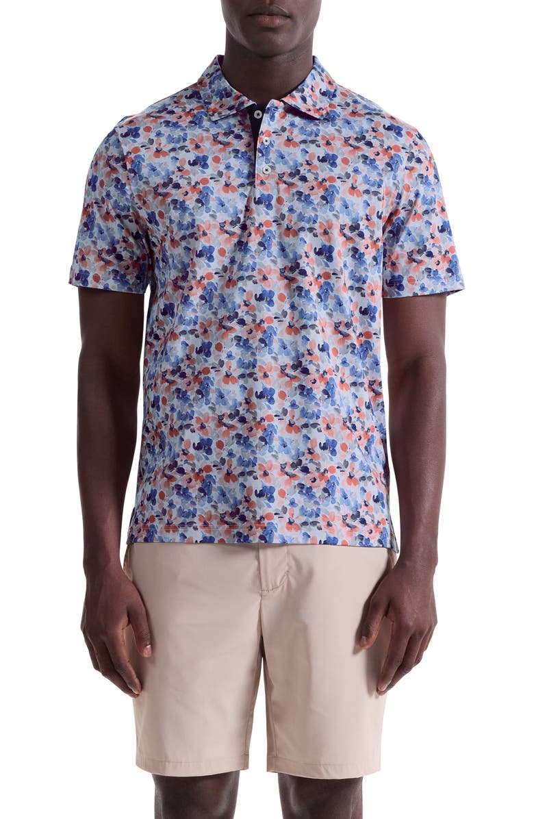 Bugatchi Hendrix Digital Watercolor Floral Print Pima Cotton Polo, Main, color, Blue/ Coral