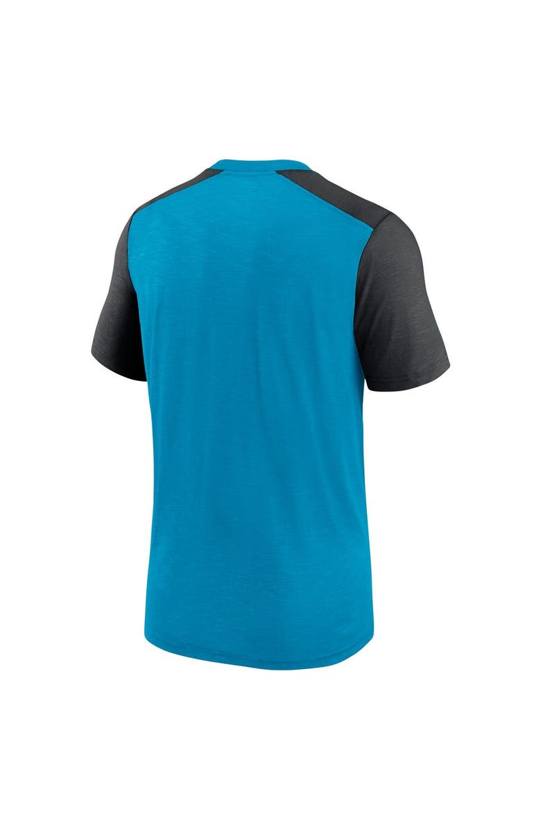 Nike Men's Nike Heathered Blue/Heathered Black Carolina Panthers Color Block Team Name T-Shirt, Alternate, color, Heather Royal