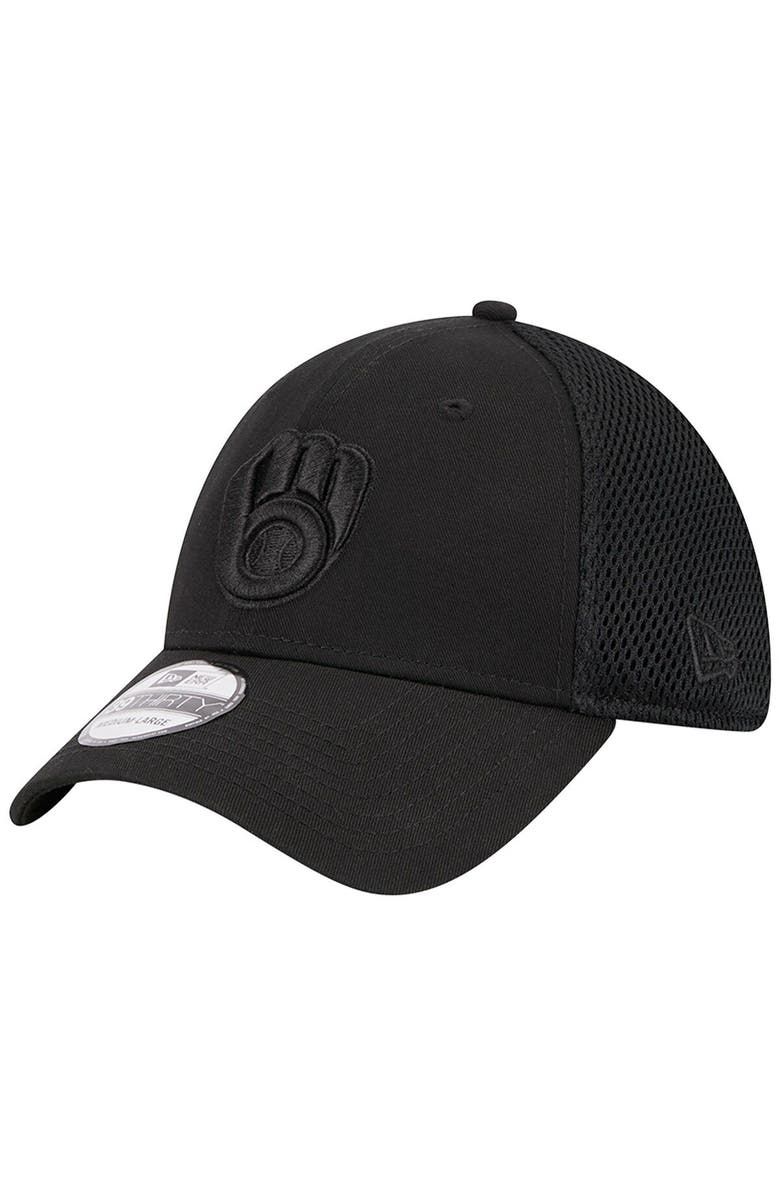 New Era Men's New Era Milwaukee Brewers Black-on-Black Neo Mesh 39THIRTY Flex Hat, Main, color,