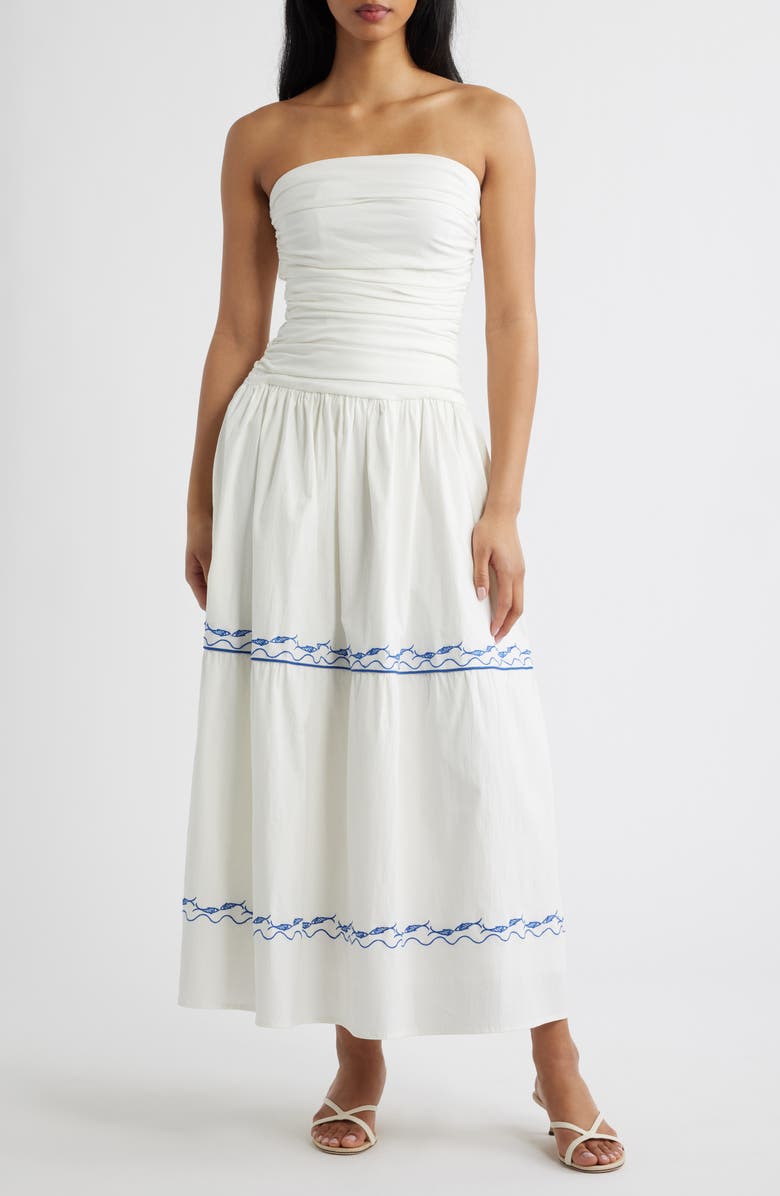 Line & Dot Oia Strapless Maxi Dress, Main, color, White/ Blue