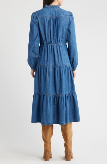 Long Sleeve Tiered Cotton Chambray Maxi Dress