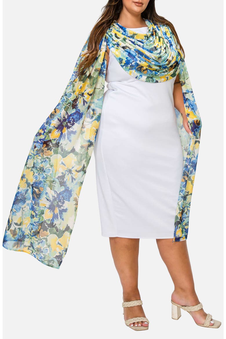 Evolette Floral Cape Sheath Dress, Alternate, color, WHITE