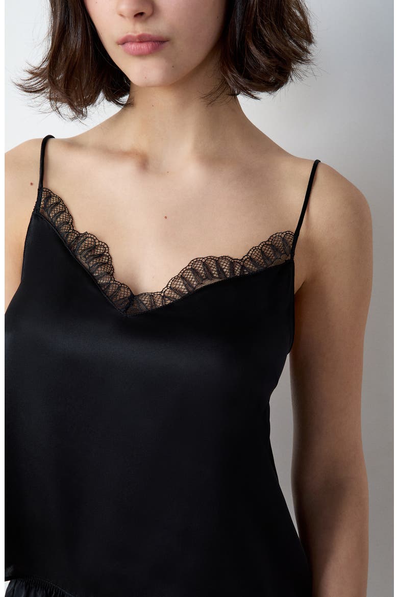 Caraco Lace Trim Silk Camisole, Alternate, color, BLACK