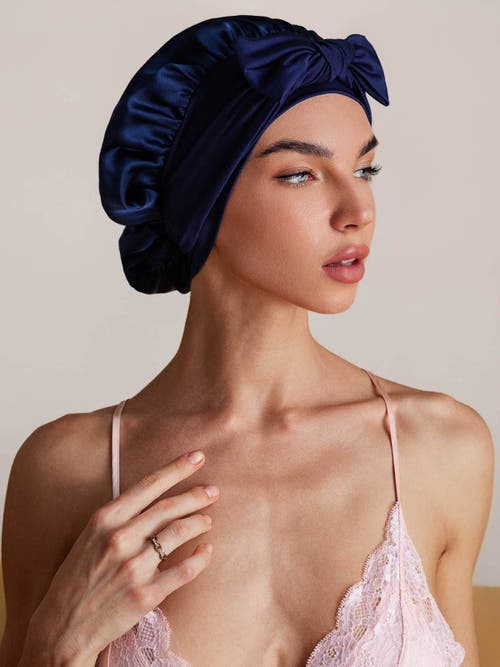 Silksilky Pure Silk Bowknot Tie Bonnet In Blue