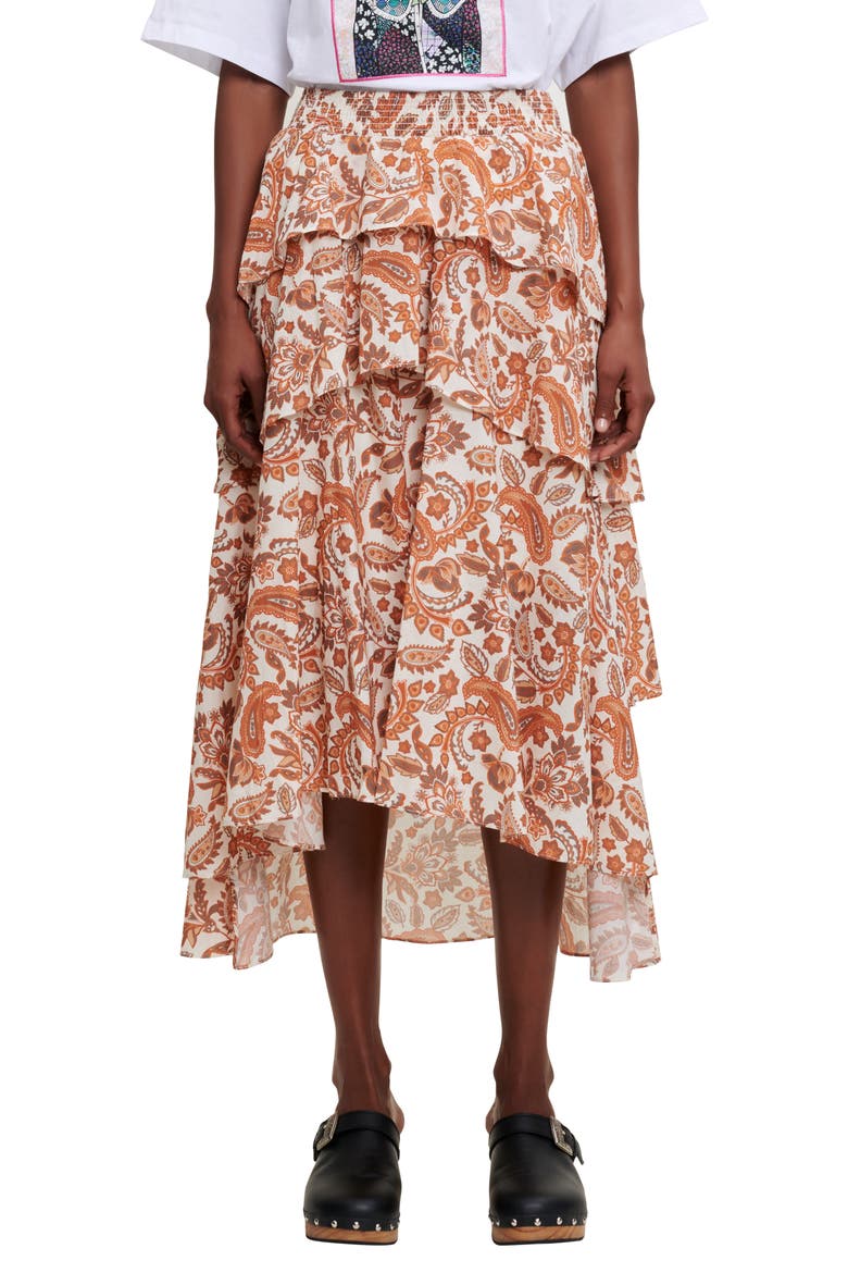 Justy Paisley Tiered Ruffle Cotton Skirt, Main, color, ORANGE