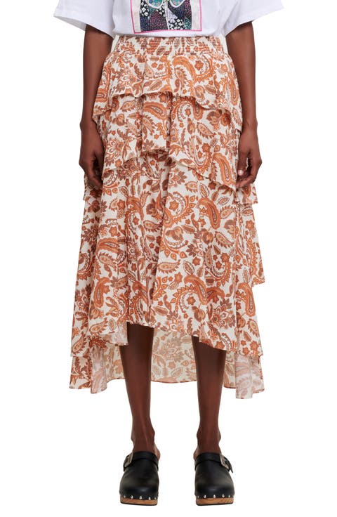 Justy Paisley Tiered Ruffle Cotton Skirt
