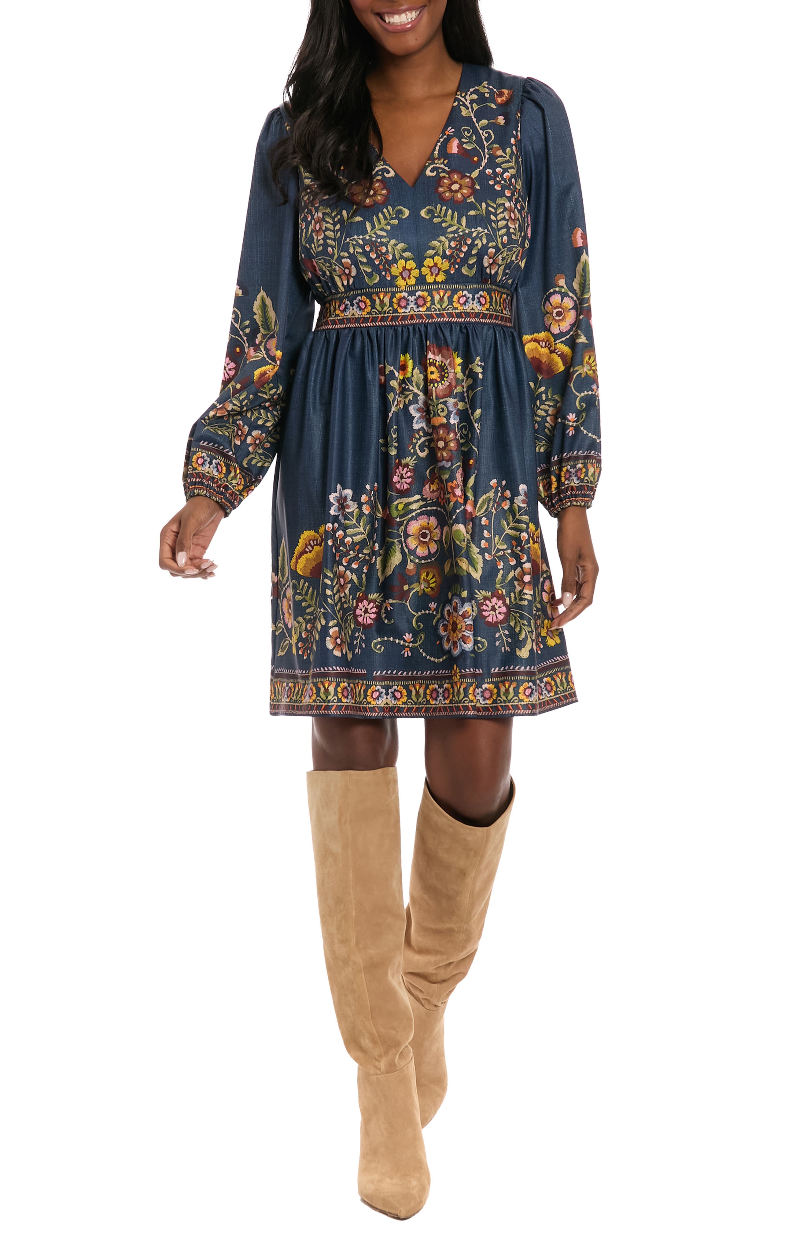 London Times Printed Long Sleeve Fit & Flare Dress