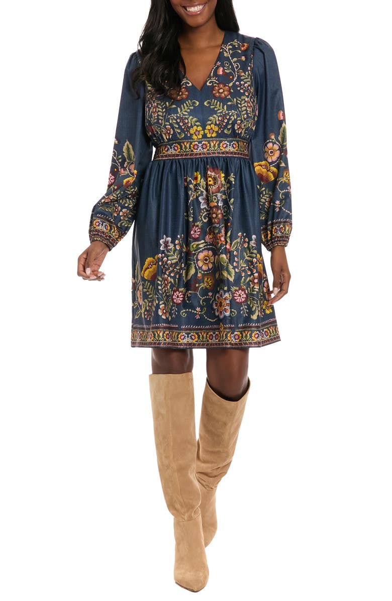London Times Printed Long Sleeve Fit & Flare Dress, Main, color, 