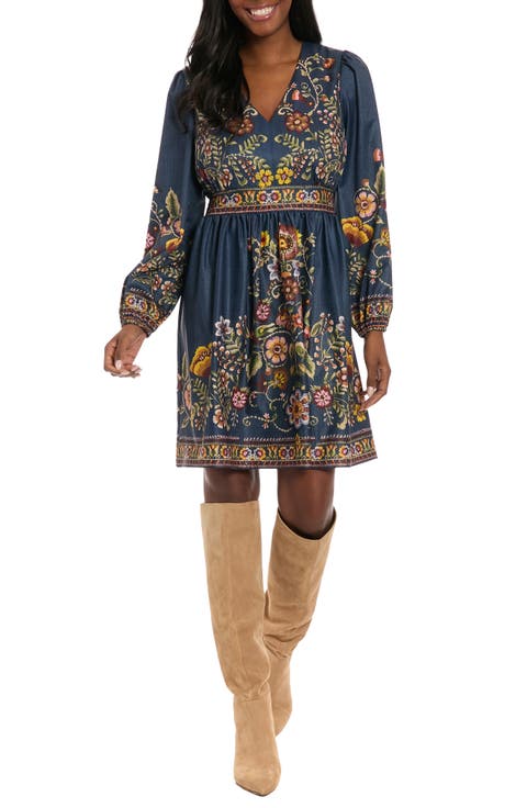 Printed Long Sleeve Fit & Flare Dress