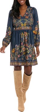 London Times Printed Long Sleeve Fit & Flare Dress