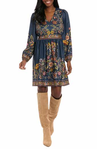 London Times Printed Long Sleeve Fit & Flare Dress