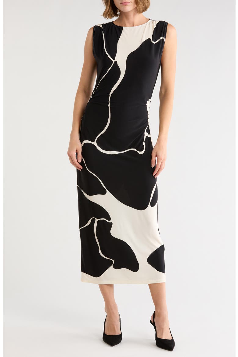 Printed Body-Con Midi Dress, Main, color, ANTIQUE WHITE/ BLACK ONYX