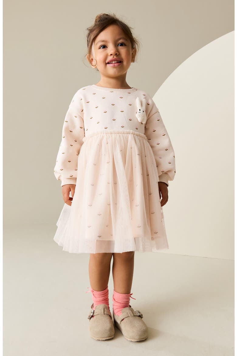 Kids' Floral Mesh Bunny Sweater Dress, Alternate, color, CREAM