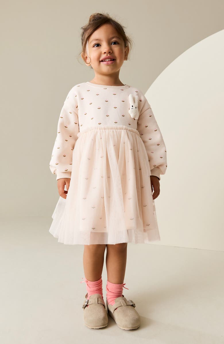 NEXT Kids' Floral Mesh Bunny Sweater Dress, Alternate, color, Cream