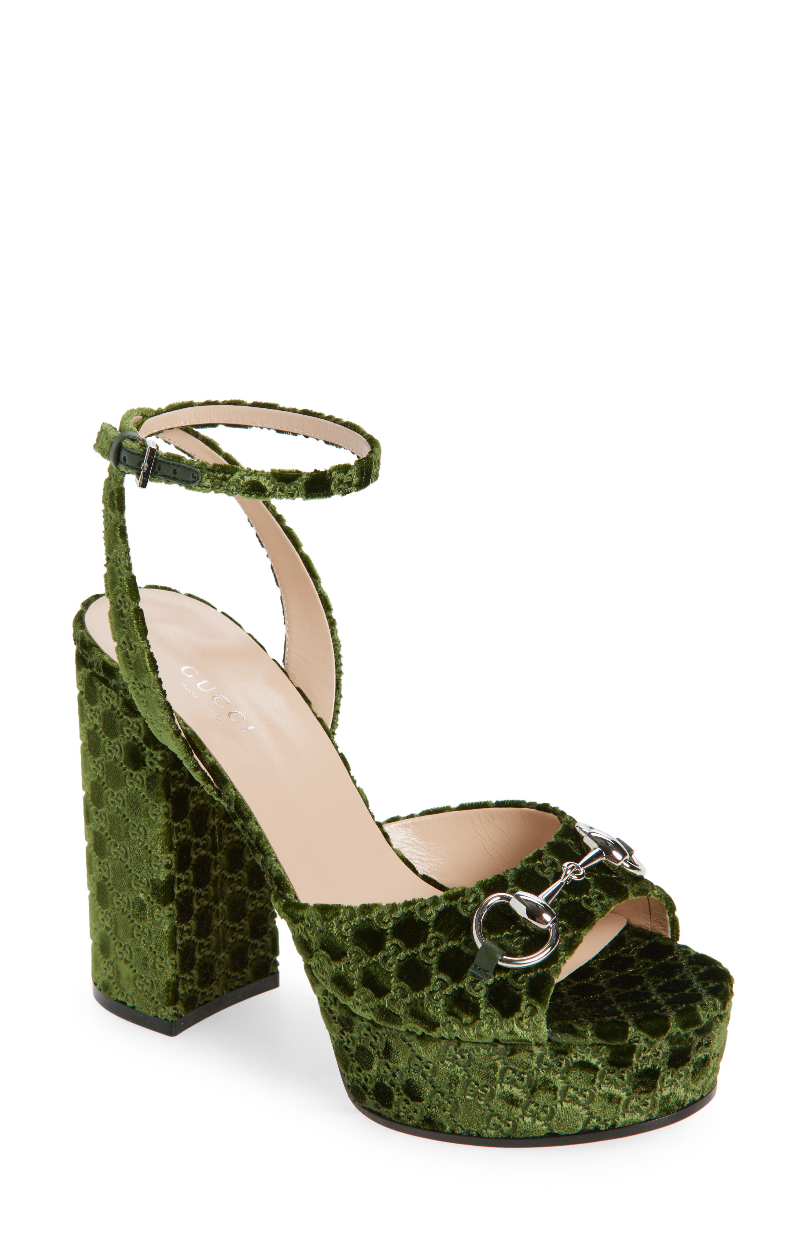 Gucci Lady Horsebit GG Logo Velvet Platform Sandal, Main, color, Dark Green