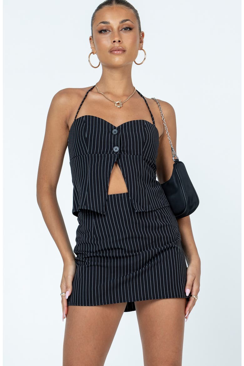 Luca Pinstripe Split Halter Crop Top & Miniskirt Set, Alternate, color, BLACK / WHITE