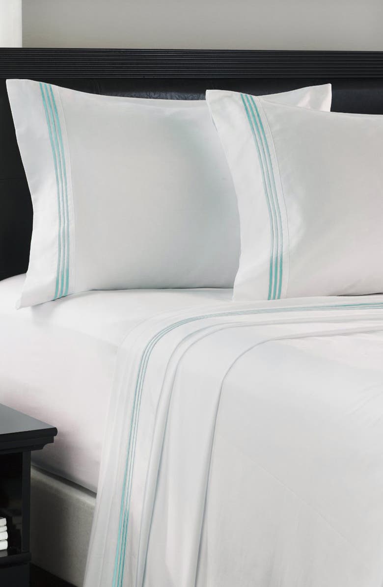 Luxury Home Embroidered Line 3-Piece Sheet Set, Main, color, Turquoise