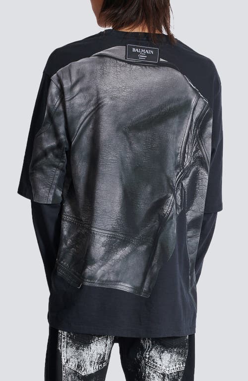 Shop Balmain Layered Leather Trompe L'oeil Long Sleeve Graphic T-shirt In 0pa Black