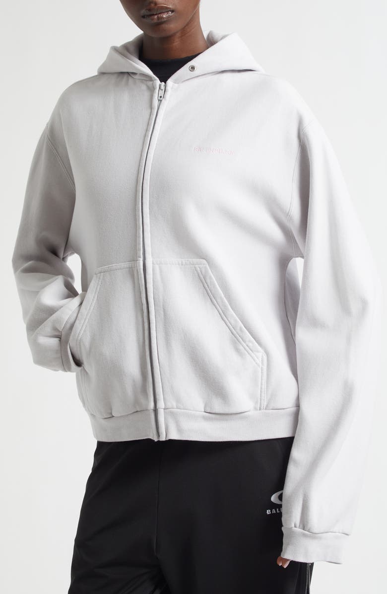 Balenciaga Logo Embroidered Dry Fleece Zip Hoodie, Alternate, color, 2420 Dirty White/ Bby Pink