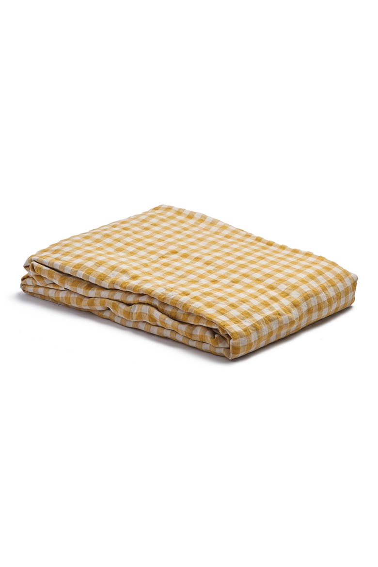Gingham Linen Fitted Sheet, Main, color, HONEY