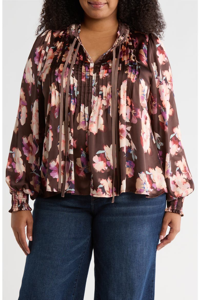 Pintuck Satin Top, Main, color, BROWN FLOWER WASH