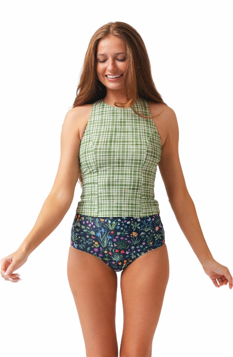 Lime Ricki Swimwear Racer-Back Tankini Top, Alternate, color, Fern Gingham