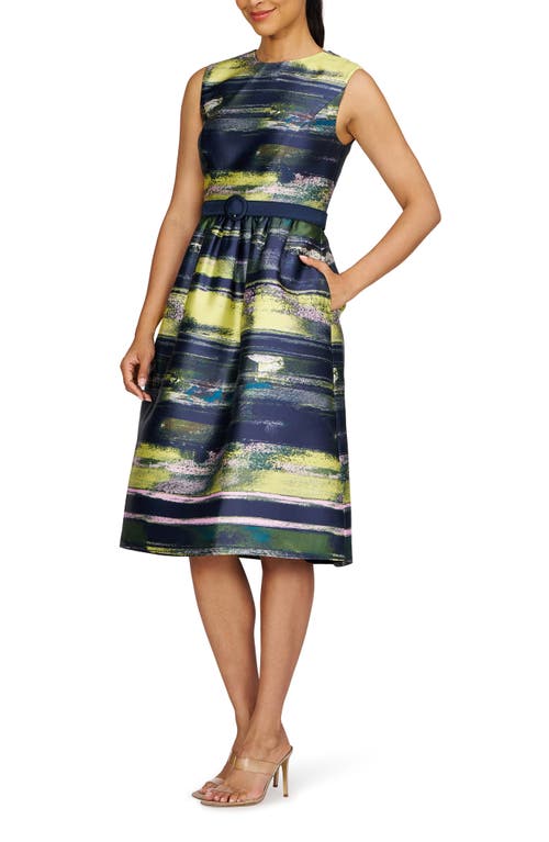 Kay Unger Spencer Belted Cocktail Dress In Navy/pink Pearl Multi