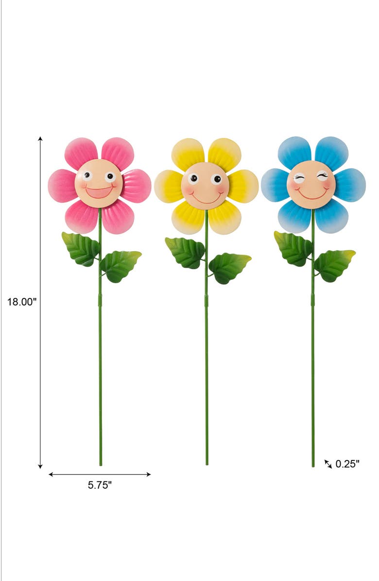 Glitzhome Set of 3 Metal Happy Face Flower Hydrangea Picks Wall Decor, Alternate, color, Blue