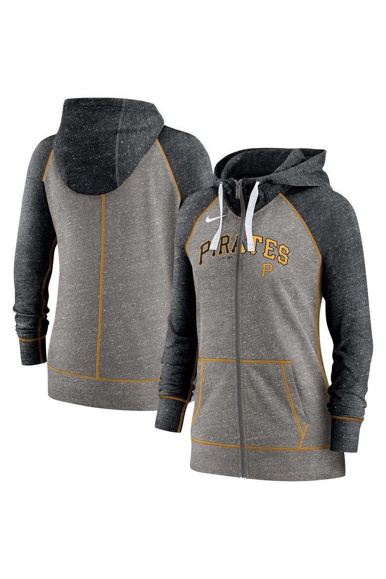 Women's Nike Heather Charcoal/Heather Black Pittsburgh Pirates Split Wordmark Gym Vintage Raglan Lightweight Full-Zip Hoodie, Main, color, Heather Charcoal
