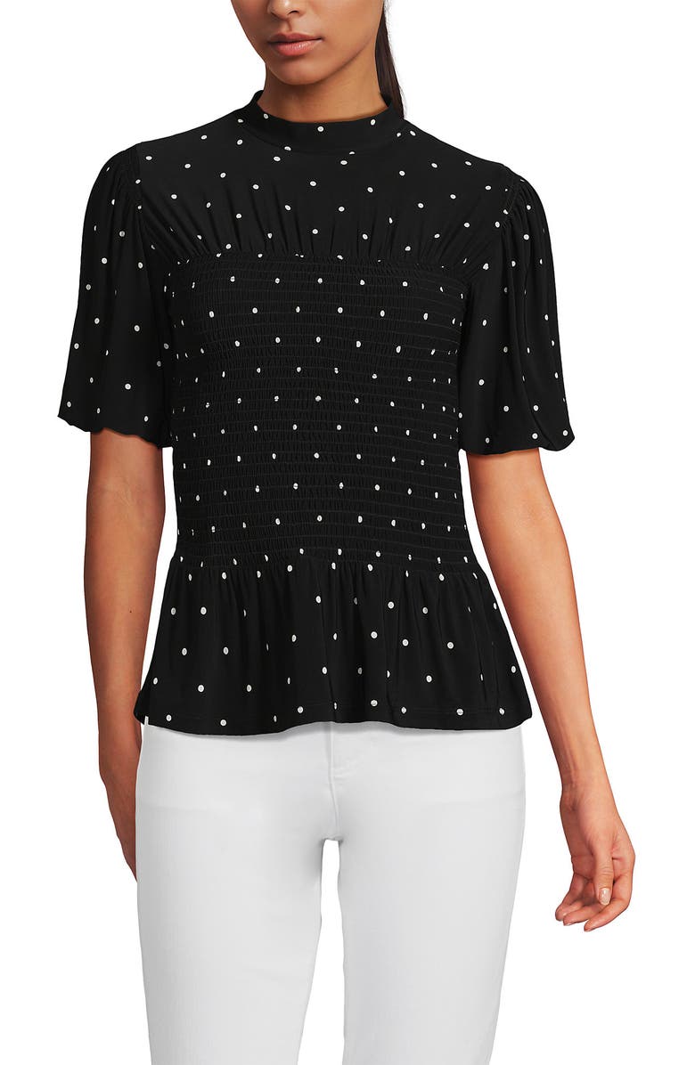 Lands' End Bubble Sleeve Silky Knit Smocked Mock Neck Top, Alternate, color, Black/Ivory Dot