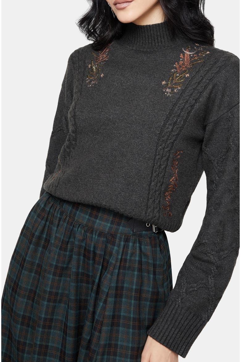 Abellona Embroidered Cable Knit Sweater, Alternate, color, Charcoal