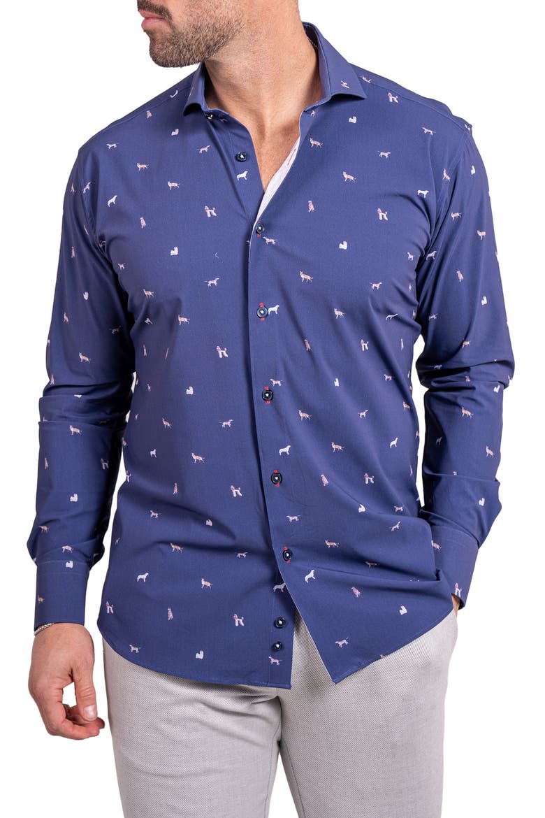 Einstein Stretch Ascension 0205 Dog Print Contemporary Fit Button-Up Shirt, Alternate, color, BLUE