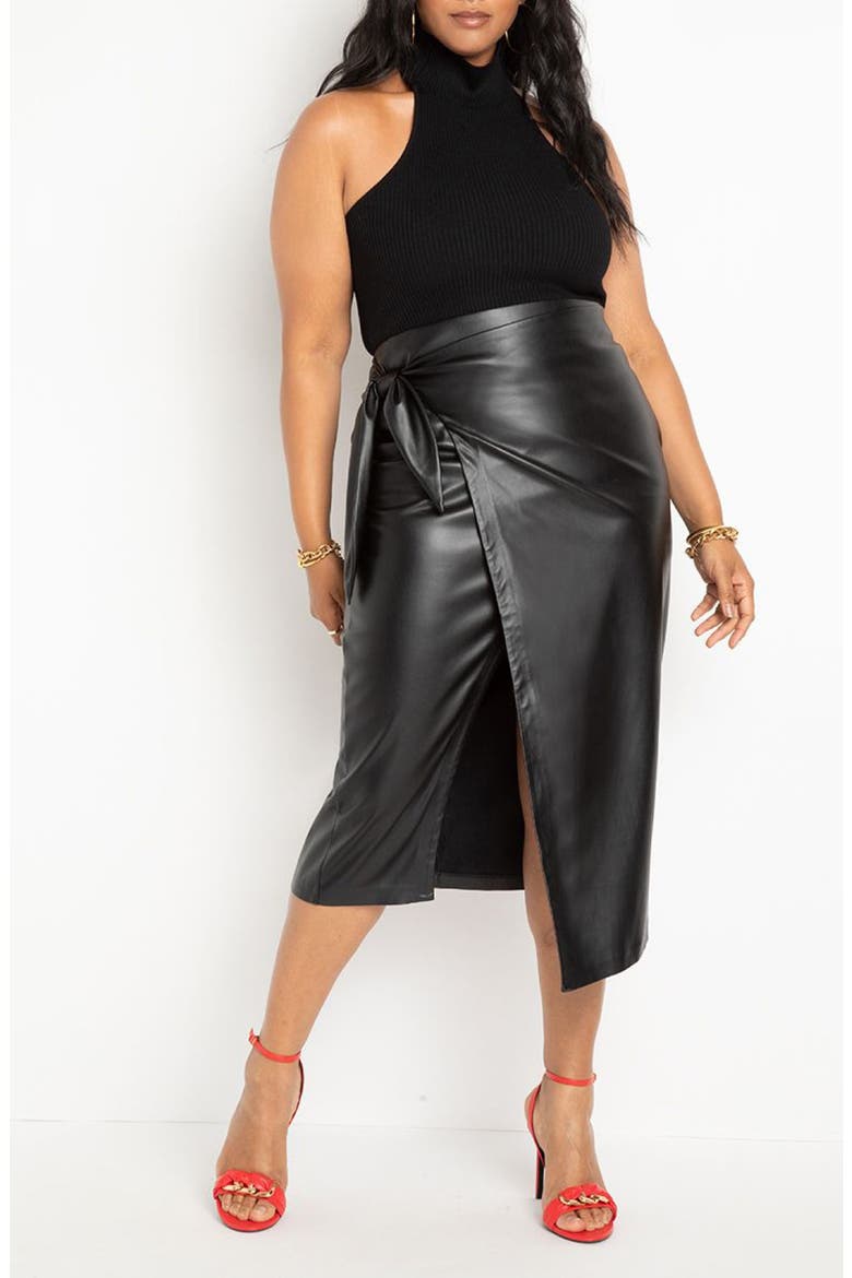Faux Leather Faux Wrap Skirt, Alternate, color, BLACK