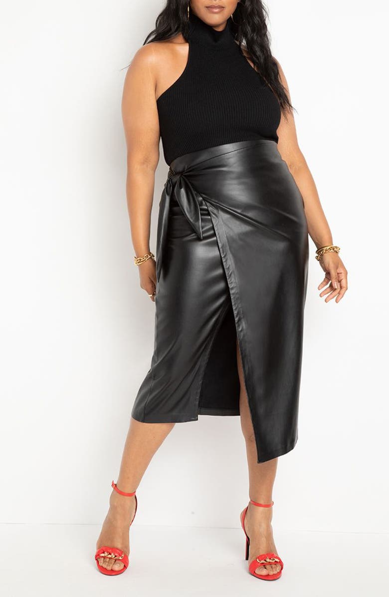 ELOQUII Faux Leather Faux Wrap Skirt, Alternate, color, 