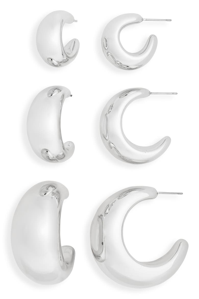 3-Pack C Hoop Earrings, Main, color, SILVER