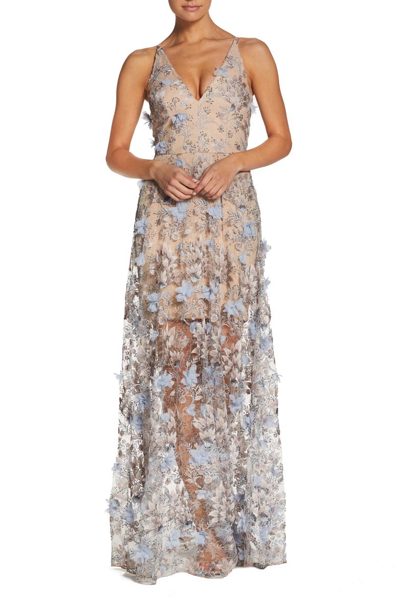 Sidney Deep V-Neck 3D Lace Gown, Alternate, color, MINRL BLUE FLRL