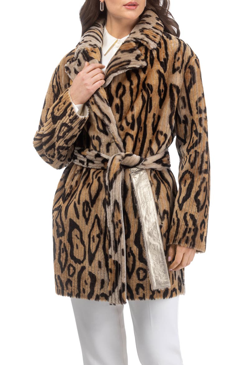 Reversible Select Grooved Genuine Shearling Coat, Belt, Alternate, color, Ocelo Print/Gold
